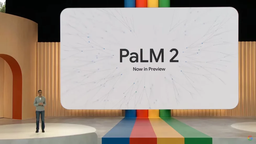 Na imagem é mostrada a tela de apresentação do PaLM 2 com fundo branco