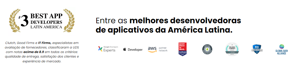 alt="logos de empresas parceiras da UDS e de certificado de melhores empresas de desenvolvimento de software"›