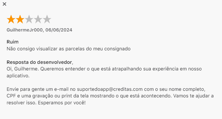 Comentário do App Creditas na App Store.