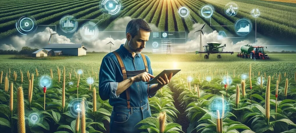Imagem ilustrativa de Agricultura 5.0, homem usando ferramentas de inovação.