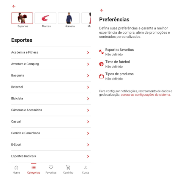 Funcionalidades personalizadas do App Centauro.