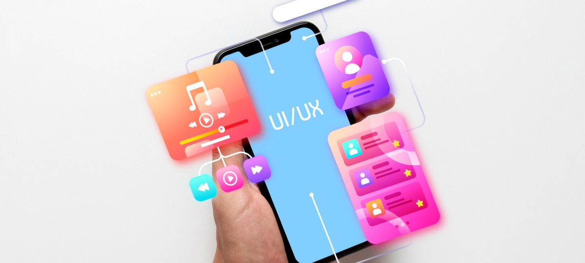 Imagem ilustrativa com o tema criar um app, com uma mão segurando um celular e elementos de UX e UI.