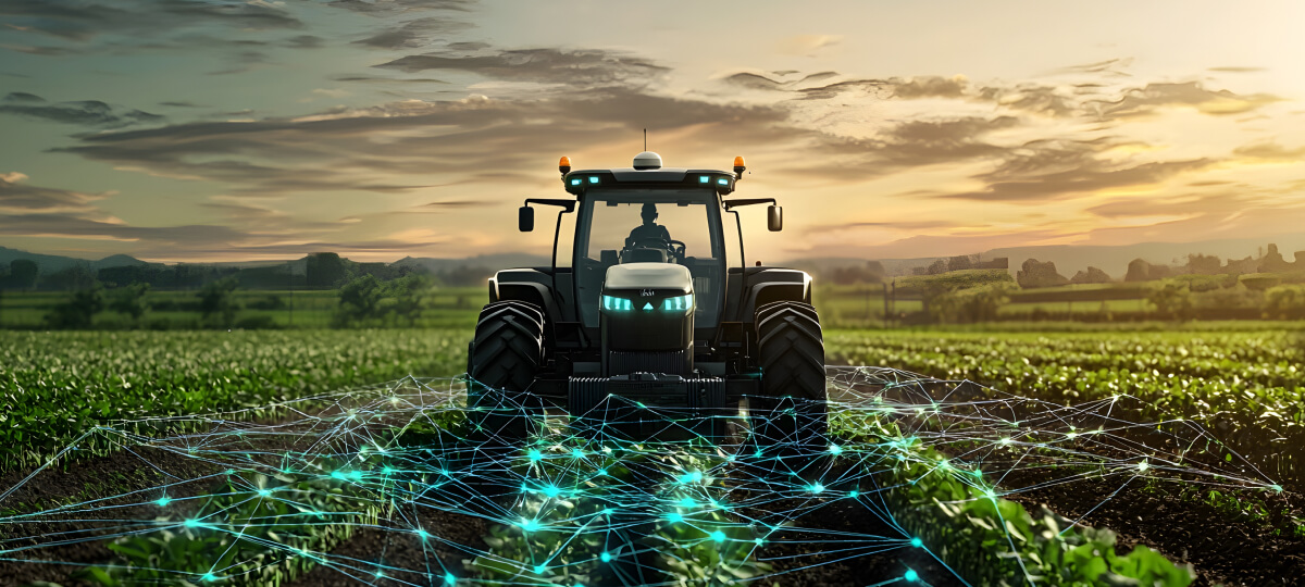 um trator no meio do campo com conexões, simbolizando uma agrotech