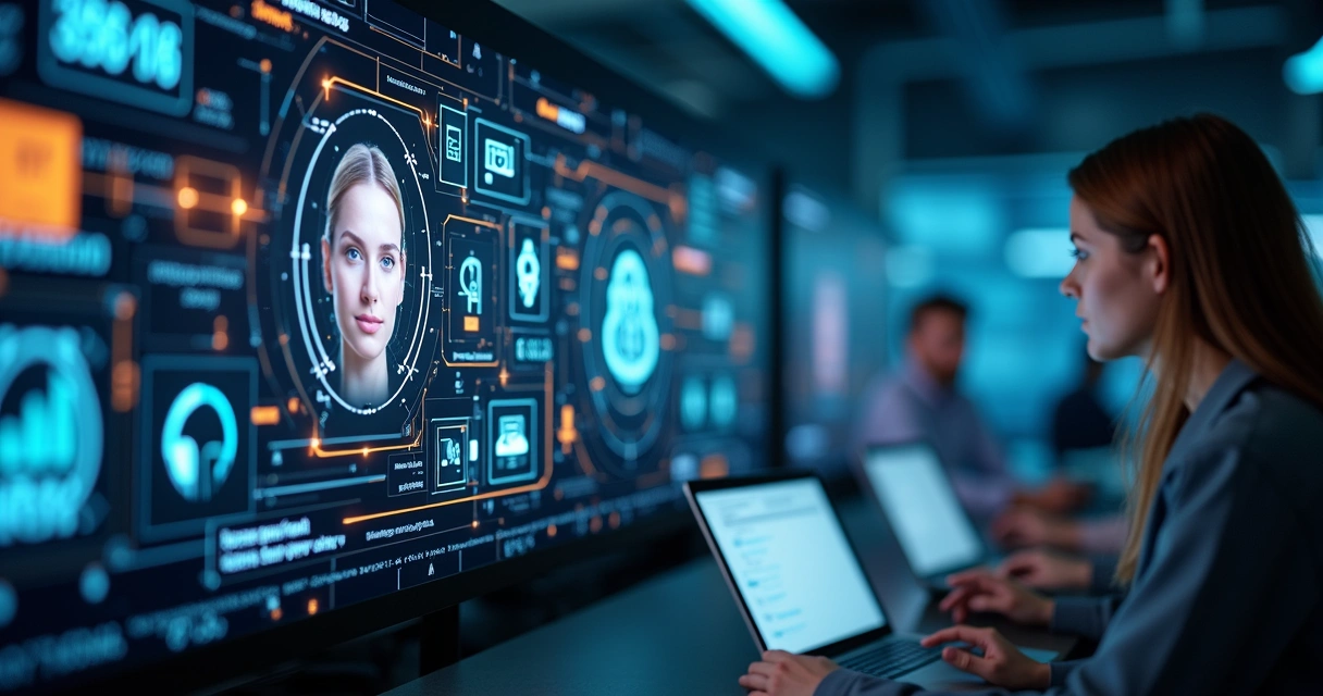 Interface digital mostrando análise detalhada de imagens e vídeos com reconhecimento facial e detecção de objetos