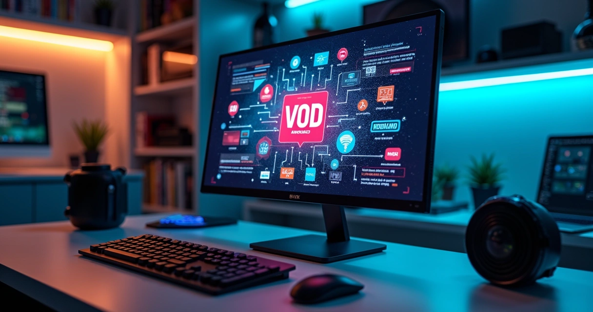 Tela de computador exibindo diferentes modelos de vídeo sob demanda com gráficos e ícones digitais