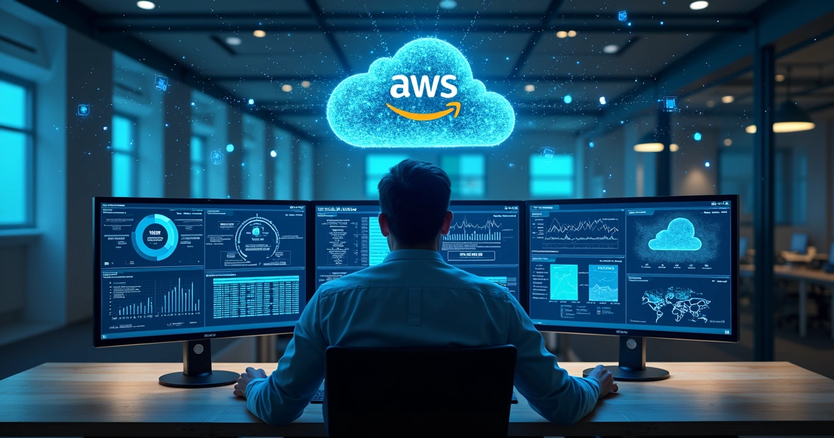 Consultor de tecnologia analisando dados em múltiplos monitores com gráficos e nuvem digital de AWS