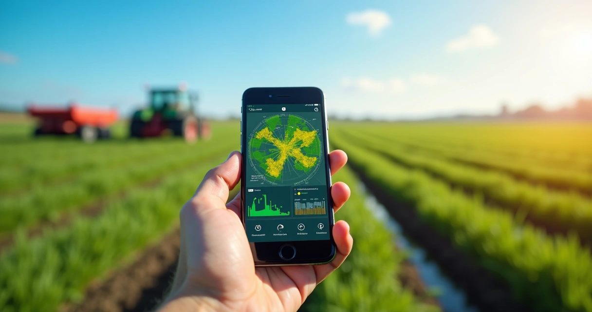 Tela de smartphone exibindo interface de aplicativo agrícola com gráficos e mapas interativos