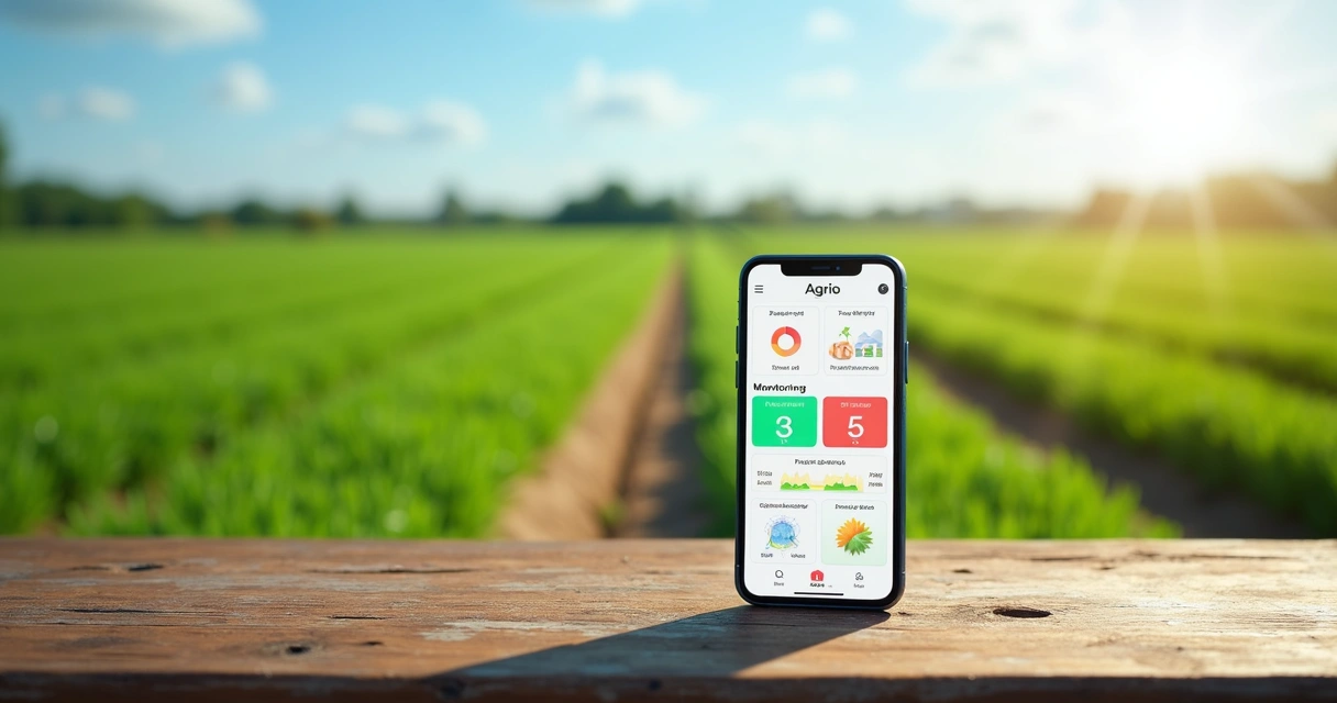 Tela de smartphone mostrando o app Agrio com interface de monitoramento agrícola e gráficos de dados em fundo de campo verde