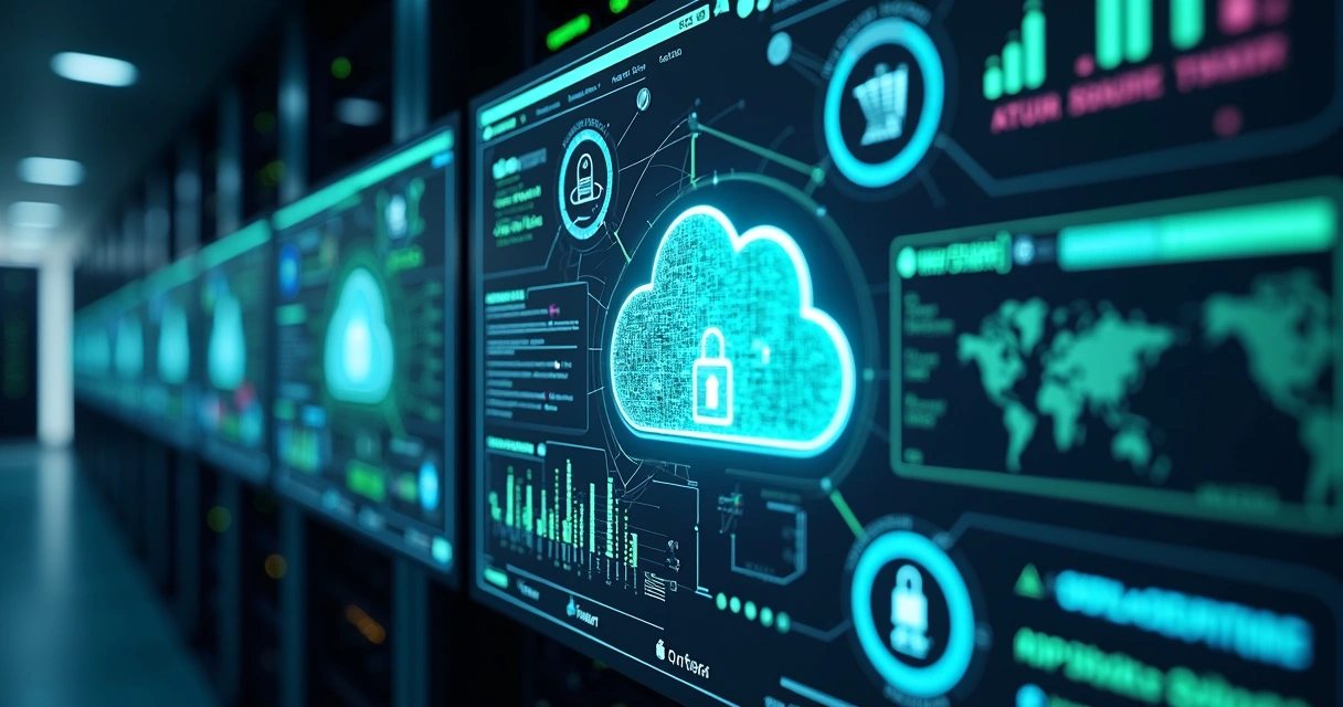 Interface digital complexa exibindo gestão centralizada de segurança em múltiplas contas na nuvem com camadas de firewall, gráficos e alertas