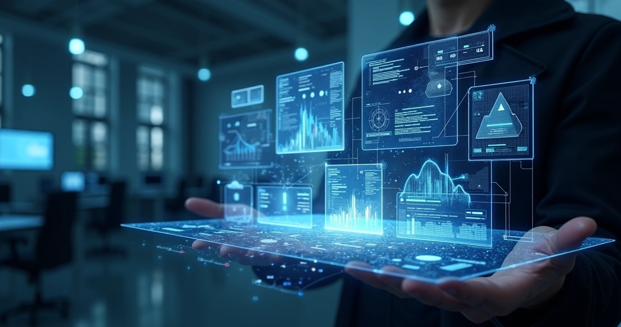 Interface digital futurista mostrando integração de inteligência artificial com modelos de linguagem em um painel transparente com gráficos e códigos em azul e branco