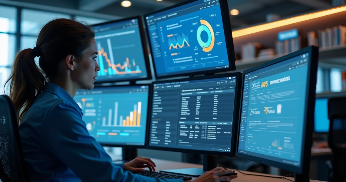 Especialista em tecnologia analisando várias telas de monitoramento de sistemas em ambiente moderno de escritório