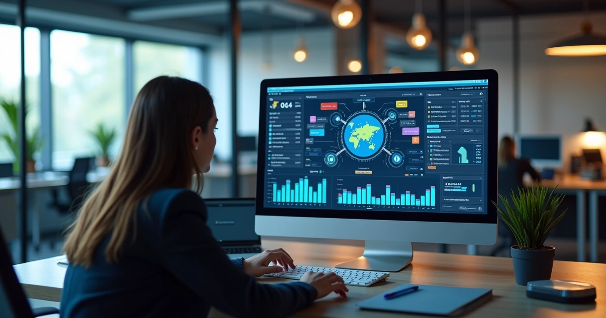 Assistente de trabalho inteligente em tela de computador mostrando análise de dados com gráficos e ícones de tecnologia em escritório moderno