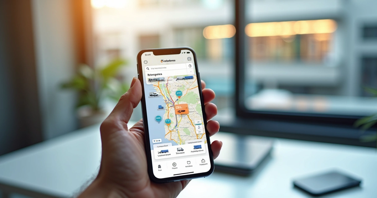 Interface moderna do aplicativo Fretebras mostrando mapa, rotas e informações de frete em tela de smartphone