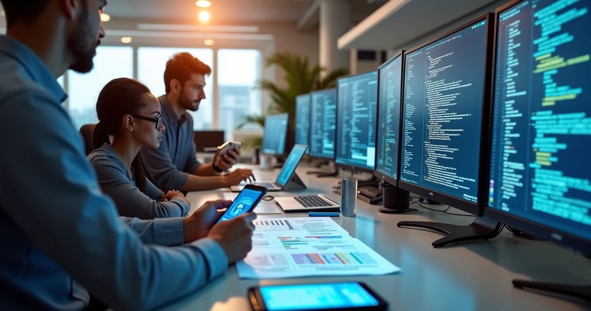 Desenvolvimento de aplicativo móvel com equipe de tecnologia reunida em escritório moderno com computadores e códigos na tela