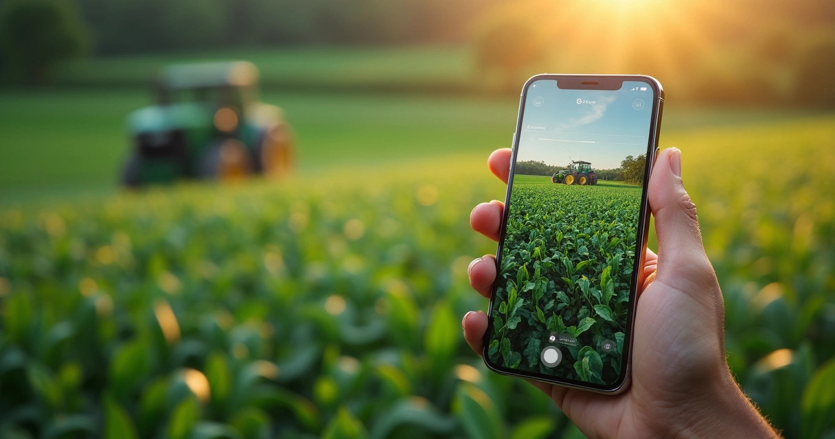 Tela de smartphone mostrando interface do app Basf Agro com gráficos e ícones agrícolas modernos