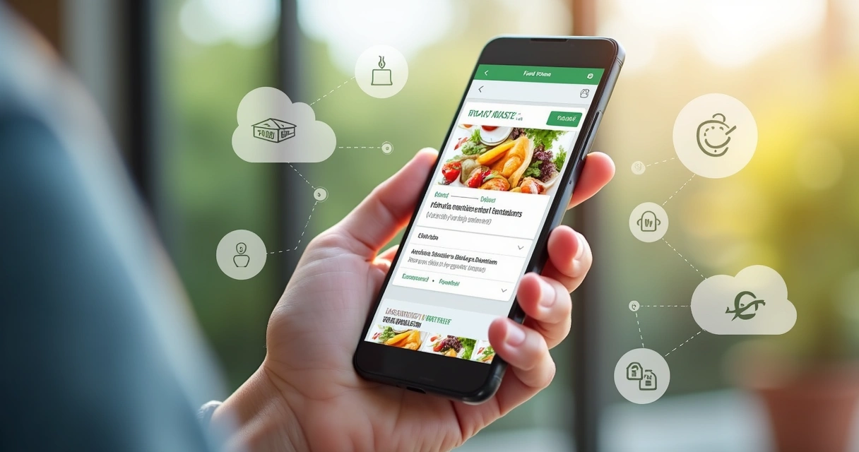 Tela de smartphone mostrando app Food To Save com interface moderna e intuitiva, com gráficos de desperdício de comida e listagem de restaurantes parceiros em fundo claro