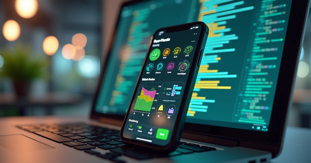 Ilustração ultra-detalhada de smartphone exibindo o app Plantix com interface gráfica de monitoramento agrícola, gráficos coloridos e ícones de inteligência artificial, ao fundo tela com código-fonte