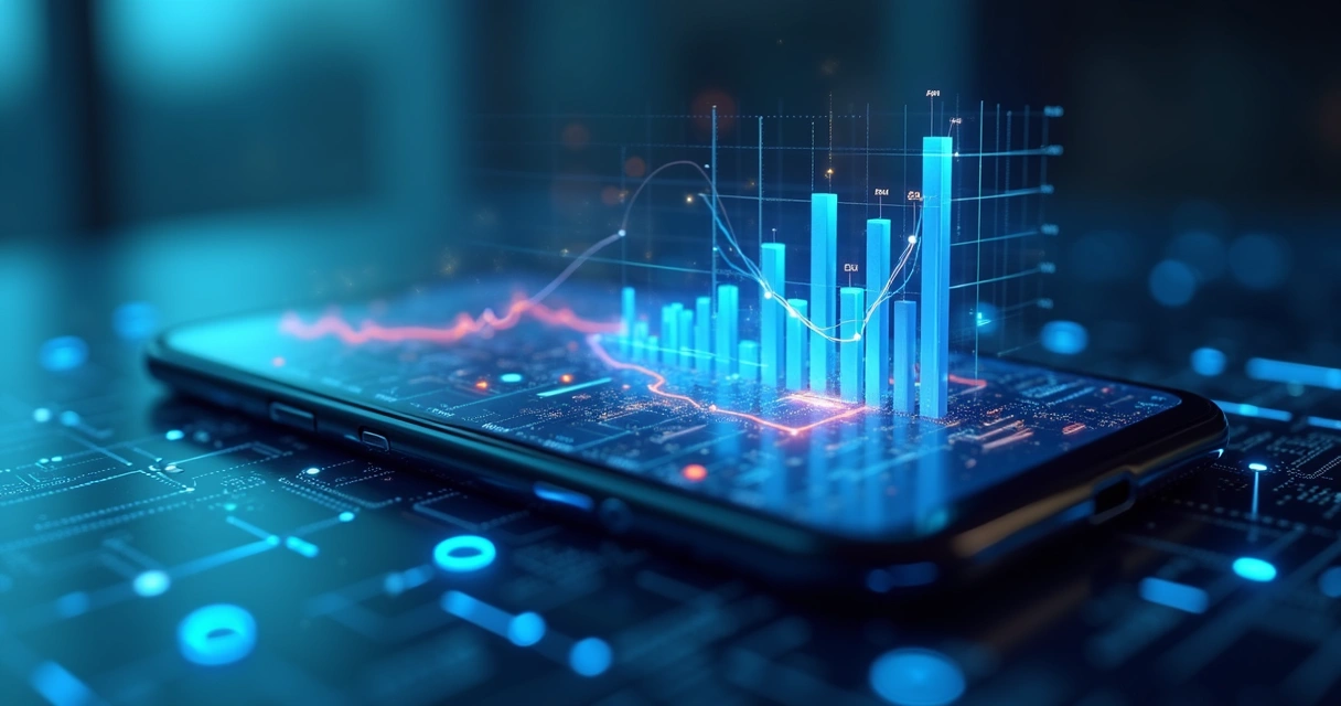 Tela de celular exibindo app moderno, com gráficos de crescimento e interface tecnológica futurista