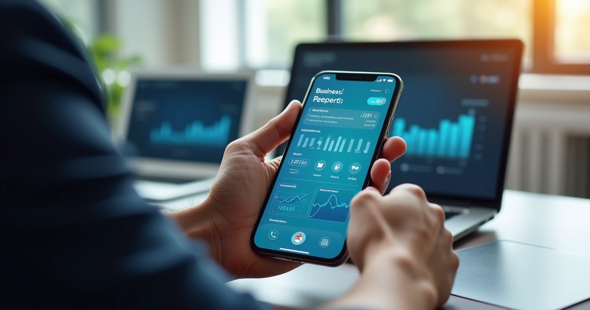 Pessoa usando smartphone com aplicativo de tecnologia aberta, ambiente moderno de escritório ao fundo