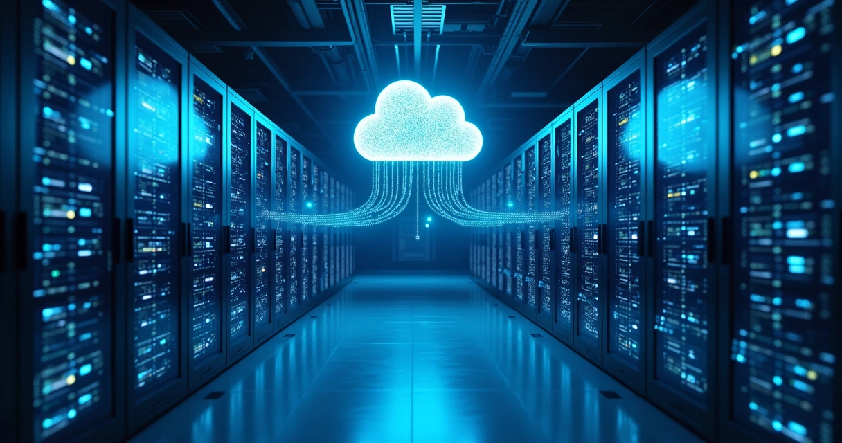 Centro de dados moderno com servidores em racks, luzes LED azuis e representação gráfica de nuvem digital flutuando acima
