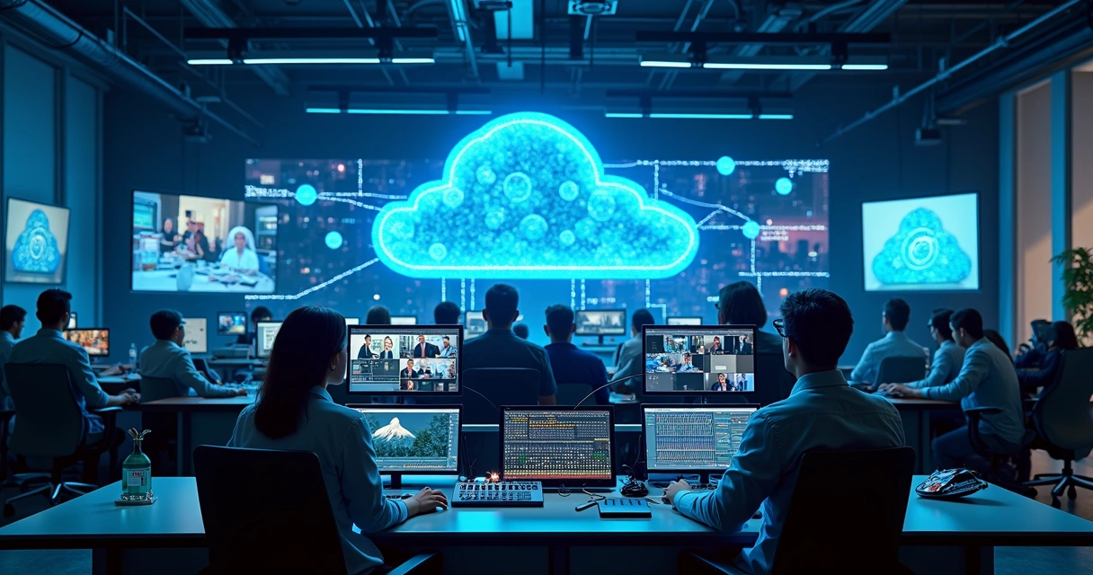 Equipamentos modernos de streaming conectados a servidores na nuvem em ambiente corporativo