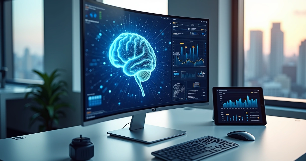 Computador com gráficos de pesquisa e uma inteligência artificial representada por uma rede neural digital aparecendo na tela