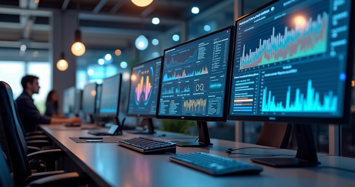 Estação de trabalho corporativa com múltiplas telas exibindo interfaces de streaming de rádios online, gráficos técnicos e indicadores de qualidade de áudio em ambiente moderno e iluminado