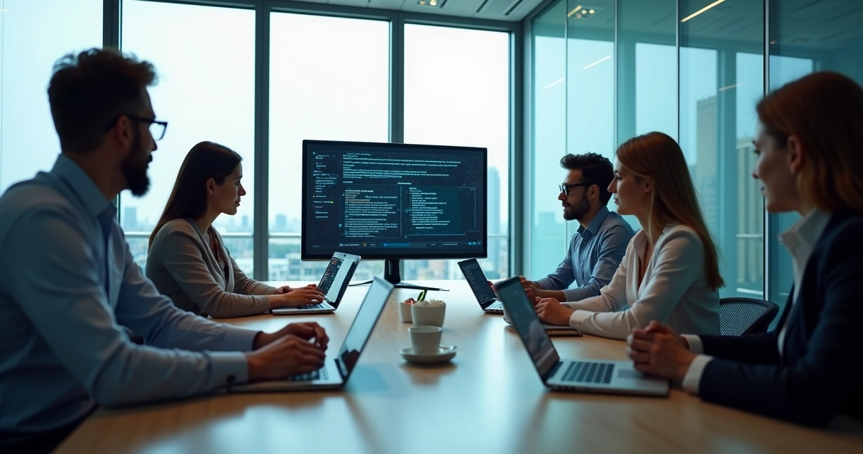 Computador monitorando transcrição automática de voz para texto durante reunião corporativa