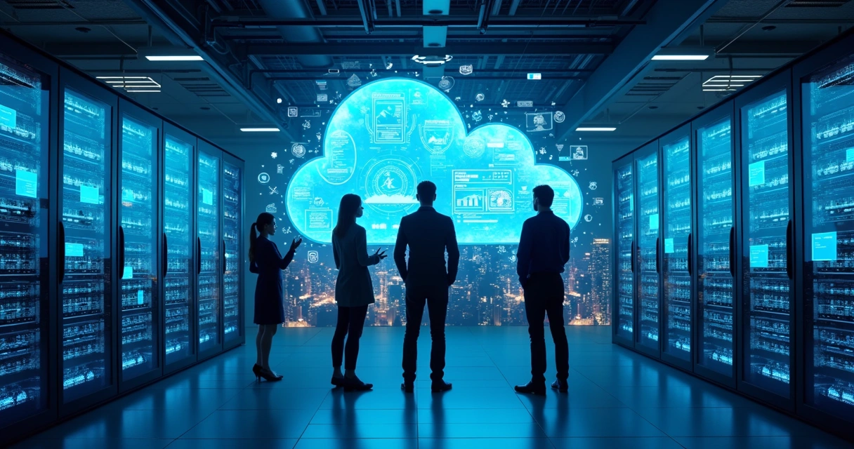 Data center moderno com servidores iluminados em azul e equipe de TI analisando telas com gráficos de nuvem e custos