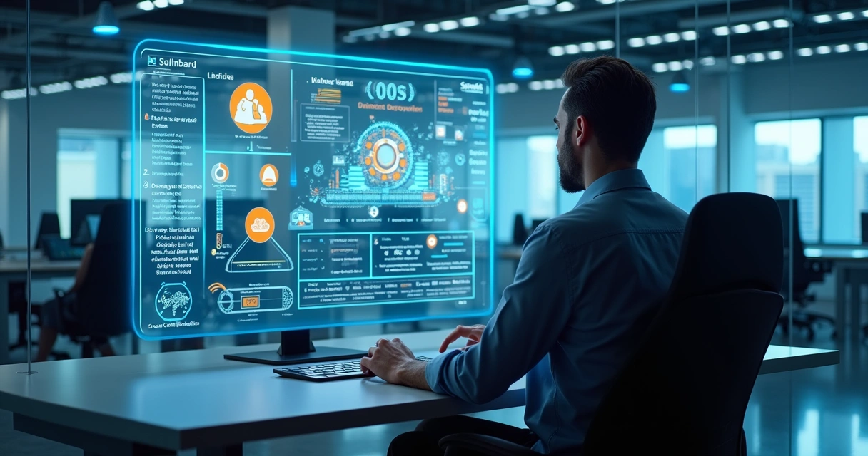 Gestor de TI analisando painel digital com gráficos e integração de serviços AWS em ambiente corporativo