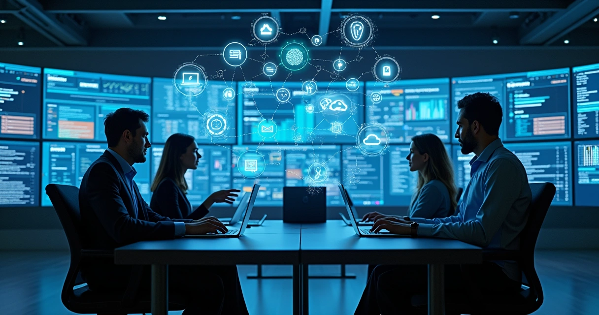 Representação realista de integração de inteligência artificial em sistemas corporativos com computadores, servidores e gráficos digitais
