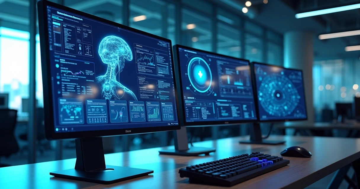 Computador moderno com telas exibindo gráficos e ícones de inteligência artificial em ambiente corporativo futurista e iluminado