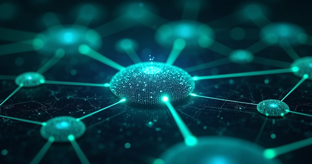 Representação detalhada e futurista de redes neurais artificiais interligadas com feixes de luz azul e verde, sobre fundo escuro tecnológico