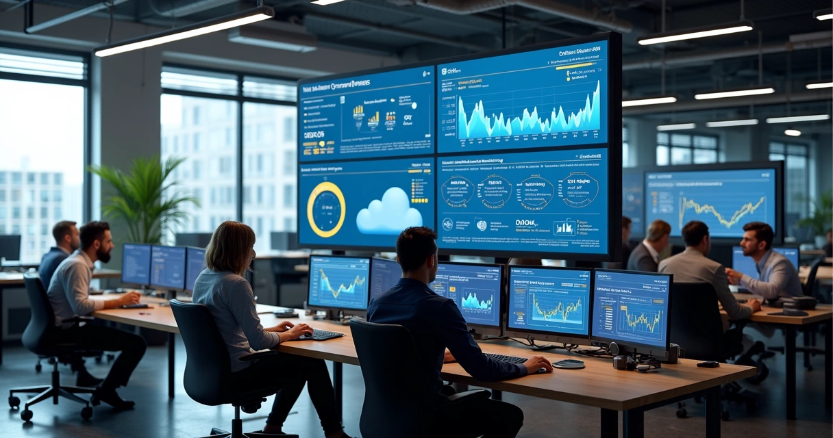Profissionais de TI trabalhando em ambiente moderno com telas mostrando dashboards da AWS e gráficos de performance em nuvem