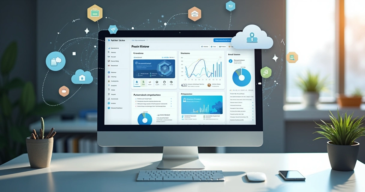 Tela de computador mostrando plataforma EAD customizada com interface moderna e gráficos de desempenho