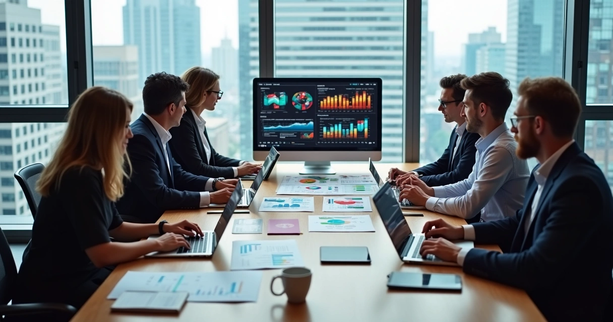 Reunião profissional com equipe analisando gráficos e computadores para escolher empresa de desenvolvimento de software