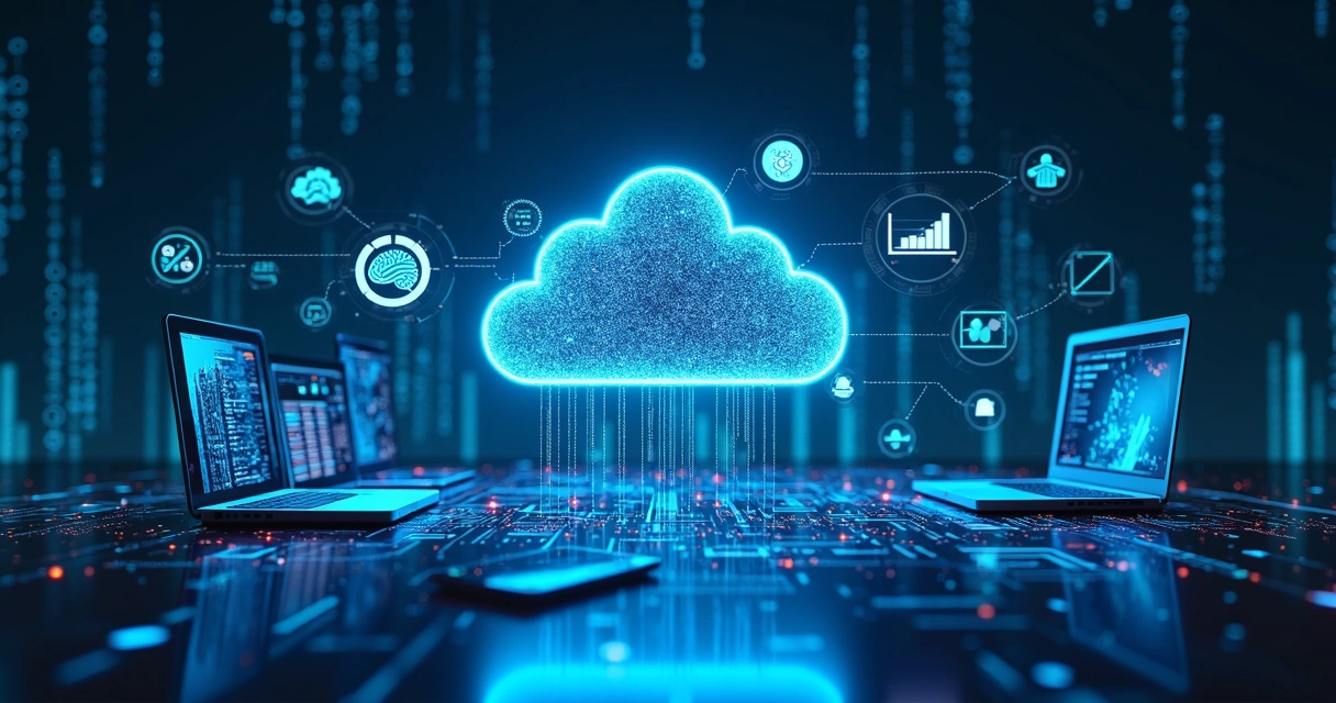 Esquema digital ilustrando SAP Cloud com ícones de inteligência artificial, integração de sistemas e análise de dados em nuvem
