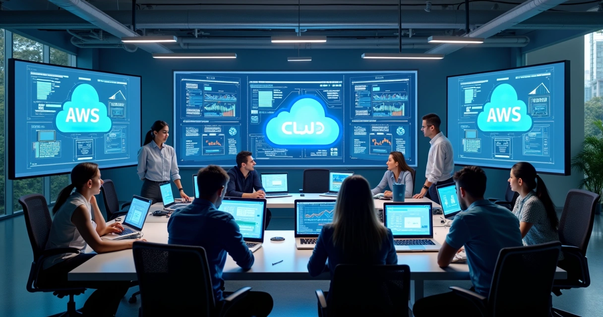Equipe de profissionais de TI analisando gráficos de desempenho em telas digitais em ambiente de trabalho moderno e iluminado