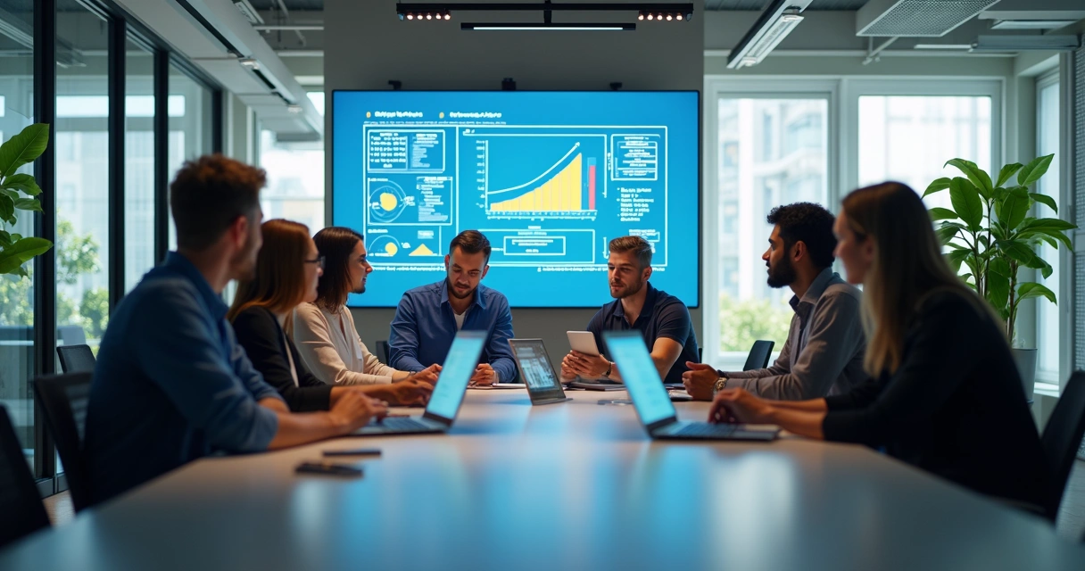 Equipe de tecnologia colaborando em desenvolvimento de software personalizado em ambiente moderno