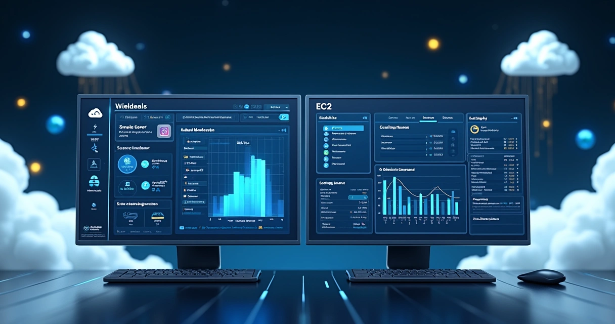 Interface de nuvem AWS mostrando opções Lightsail e EC2, servidores virtuais e gráficos de desempenho