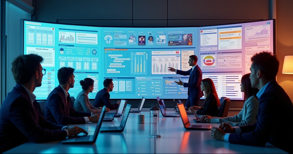 Computadores e telas exibindo plataforma digital de ambiente virtual de aprendizagem com gráficos, vídeos e chat colaborativo numa sala de reuniões moderna