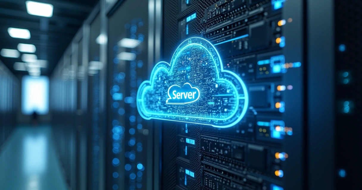 Servidor de banco de dados em nuvem com ícones de personalização e controle com interface digital azul e cinza