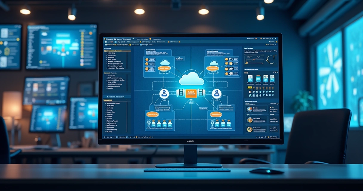Visão realista de uma tela de computador exibindo a configuração detalhada de firewall AWS Network para proteger uma VPC, com gráficos e diagramas de rede em destaque