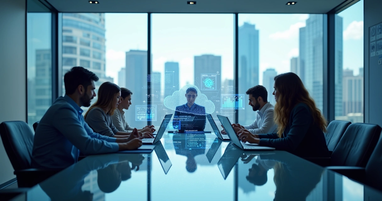 Profissionais de TI discutindo integração de soluções cloud em ambiente corporativo moderno