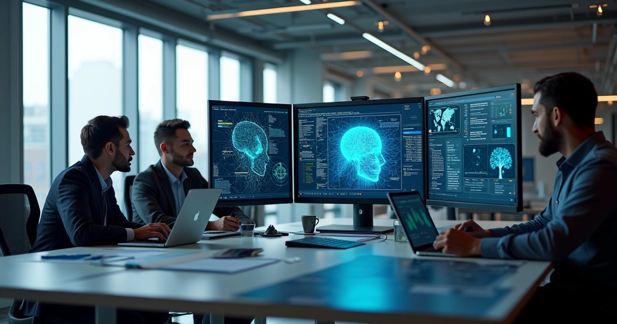 Engenheiros de software trabalhando no desenvolvimento de solução de inteligência artificial personalizada com computadores e gráficos digitais em ambiente moderno de escritório