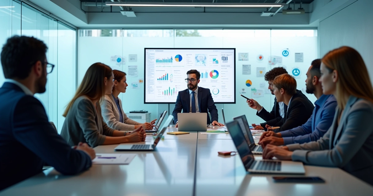 Equipe multidisciplinar em reunião colaborativa com laptop, gráficos e dispositivos digitais em ambiente corporativo moderno