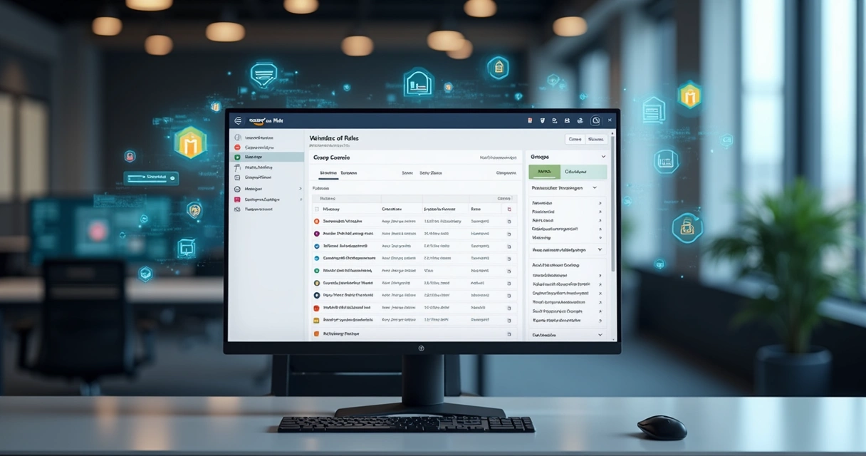 Interface de gestão de acessos AWS IAM em tela de computador com usuários, grupos e políticas exibidos