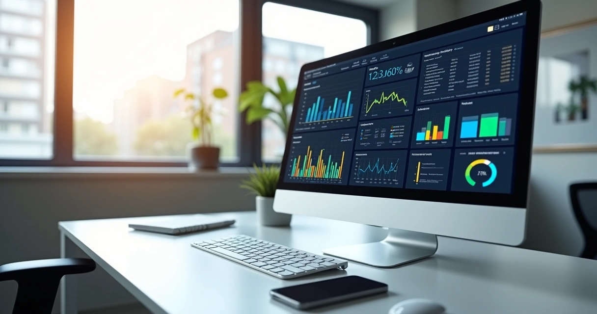 Mesa de trabalho com computador exibindo sistema digital para seguradoras, gráficos financeiros e controle de apólices na tela
