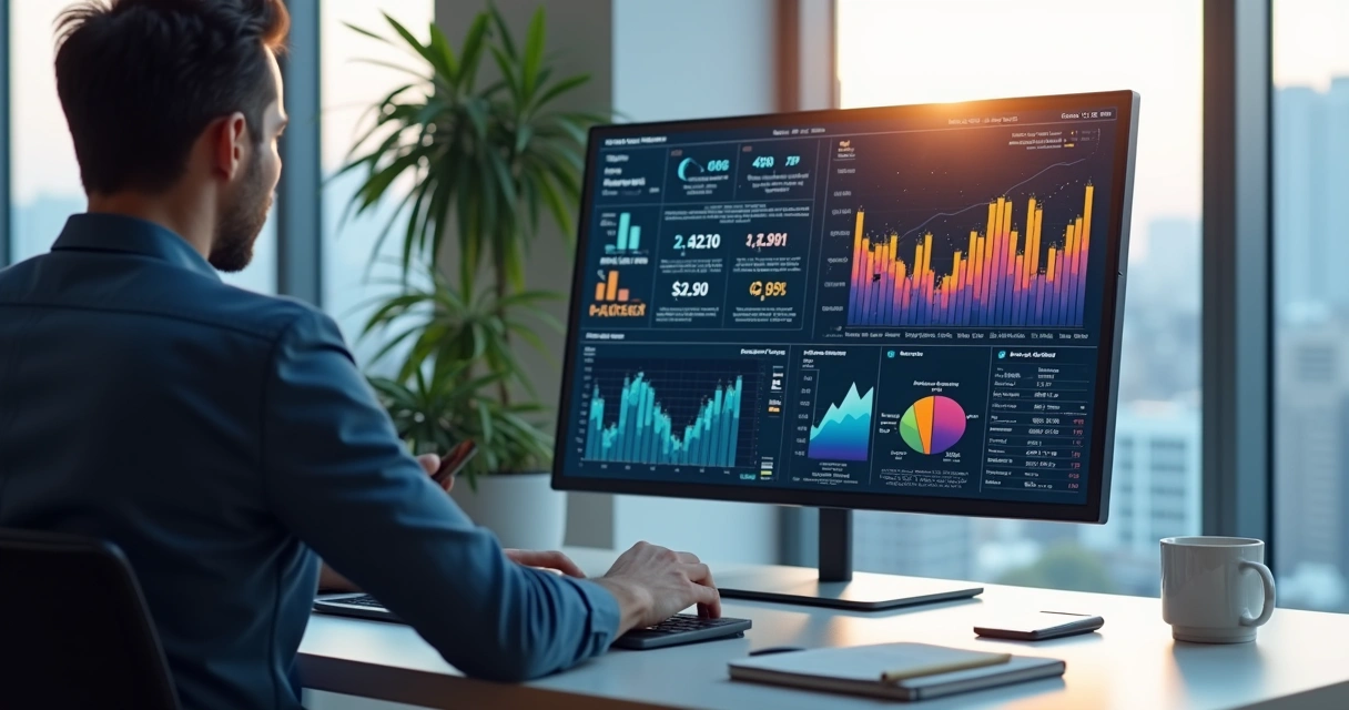 Gestor analisando gráficos digitais e dados em tela de computador sobre sistema para corretora de seguros