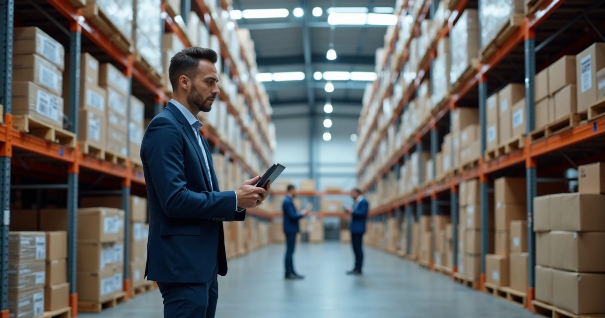 Gestor em armazém moderno usando tablet para monitorar estoque digitalizado com prateleiras organizadas e tecnologia